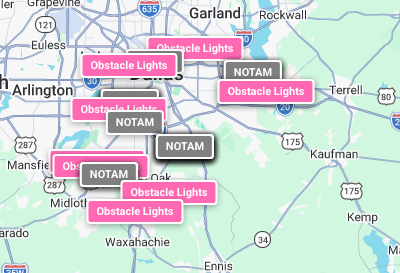 NOTAM and obstacle light markers across the DFW area